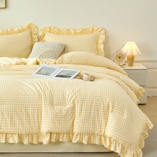 5 Pcs Gingham Bedding Set Queen Yellow Ruffle Comforter Sets by RYNGHIPY