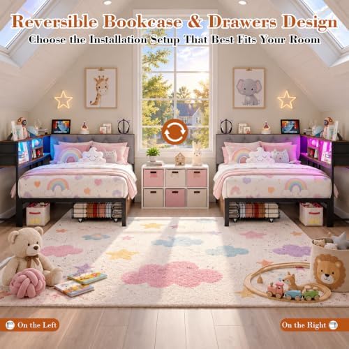 Twin Corner Bed Frame with Storage Drawers, Charging Station, LED Lights - Image 4