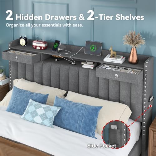 Full Size Bed Frame with 2-Tier Storage Headboard and 4 Drawers, Soft Linen - Image 4