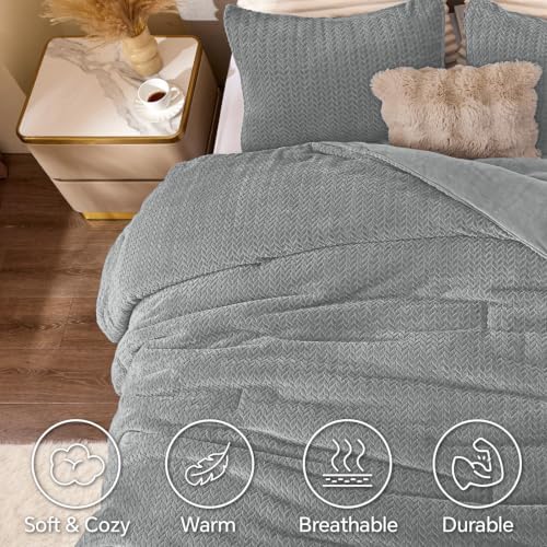 ChiXpace Fleece King Size Comforter Set Light Grey, Fluffy Bed Set 3 Pieces - Image 3