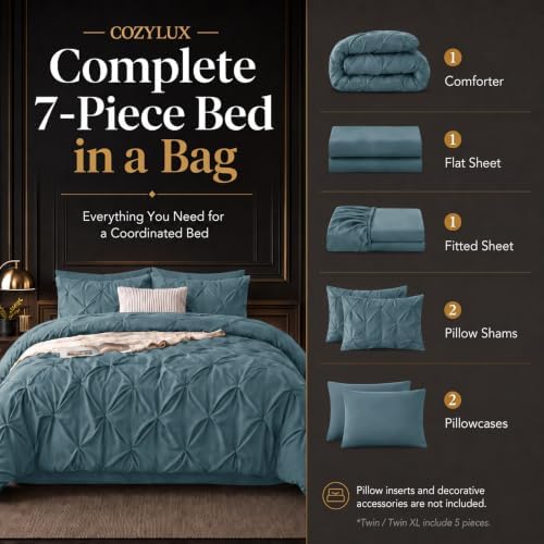 CozyLux King Comforter Set Mineral Blue, 7 Pieces Pintuck Bed in a Bag - Image 3