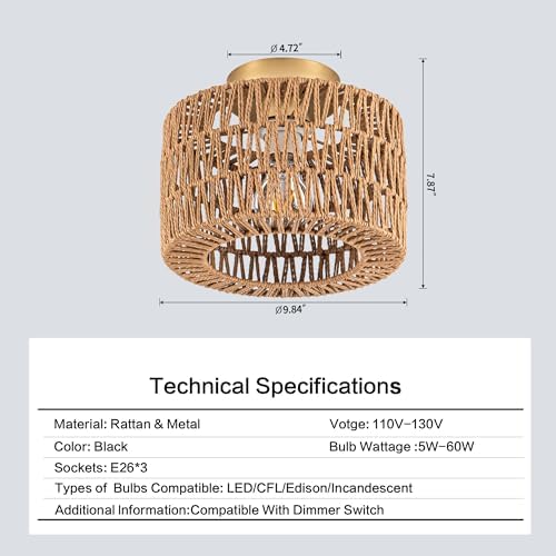 Rpzloila Rattan Ceiling Light, 1 Light Bohemian Modern Woven Flush Mount - Image 6