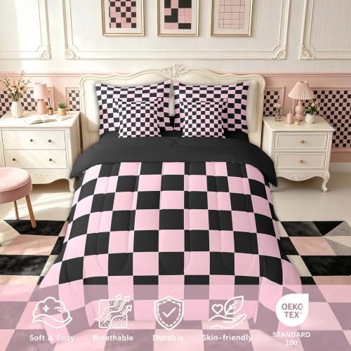 Feelyou Checkered 7 Piece Bedding Set Teen Pink Black Plaid Comforter Set - Image 3