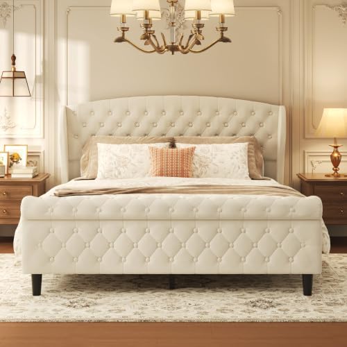 HISOFT Queen Platform Bed Frame, Velvet Upholstered Sleigh Bed - Image 3