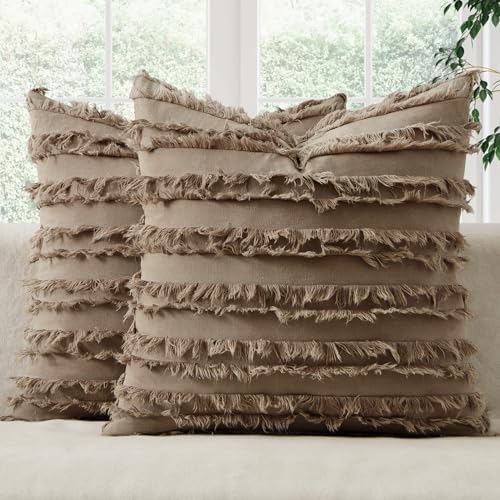 MIULEE Boho Linen Striped Throw Pillow Covers 20x20, Khaki Brown by MIULEE