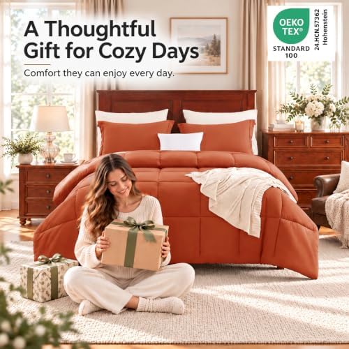 CozyLux Full Size Comforter Sets, 3-Piece Box-Stitched, Burnt Orange - Image 4