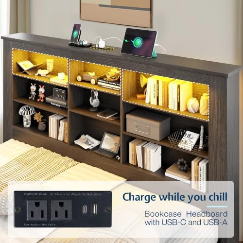 Jocisland Twin Bed Frame Bookcase Headboard USB/LED Lights&3 Drawers - Image 6