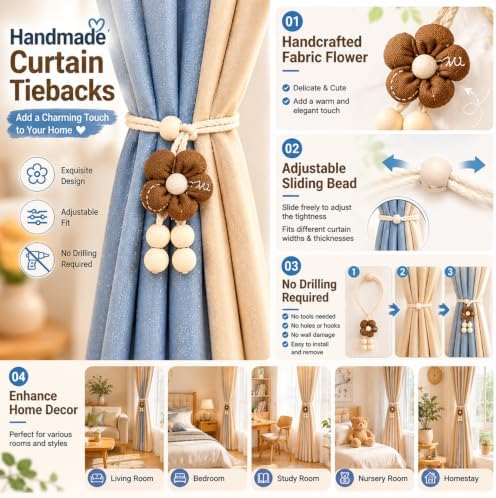 Coffee Flower Curtain Tiebacks 2 Pack, Adjustable No-Drill Curtain Ties - Image 3