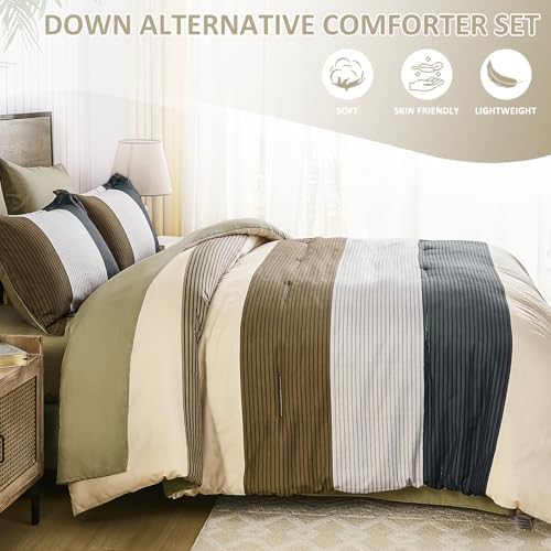 Striped King Size Comforter Set, 7 Pieces Brown Black Beige Bedding Set - Image 3