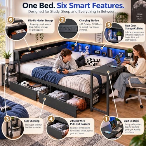 Queen Corner Bed with Desk and Storage, LED corner Bed Frame - Image 4