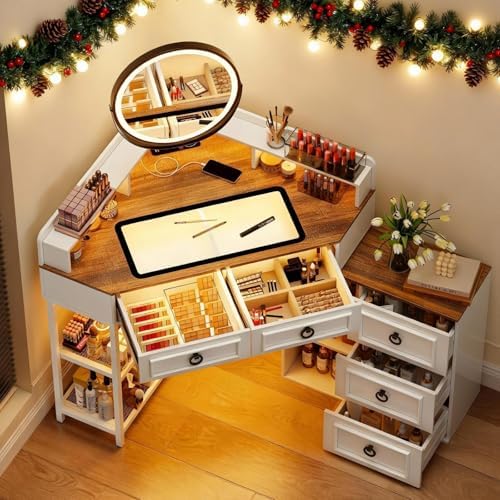 Corner Vanity Desk with Rotating Mirror and Lights，Glass Top by MDGC