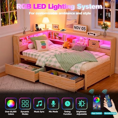 Twin Corner Bed Frame with Storage Drawers, Power Outlet, LED Lights - Image 3