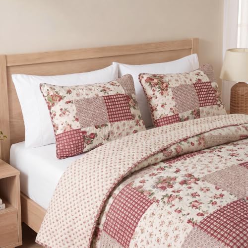 SLPR - Country Roses Red Floral Patchwork Quilt Set, Queen - Image 2