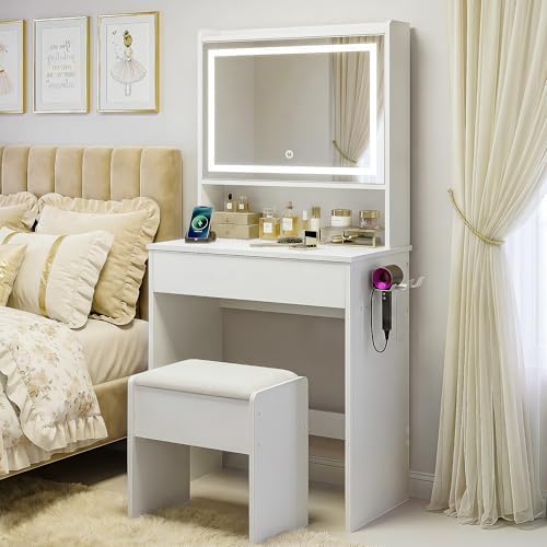 Small Vanity Desk with Lighted Mirror & Charging Station, Compact Mini Dressing by RIHHA