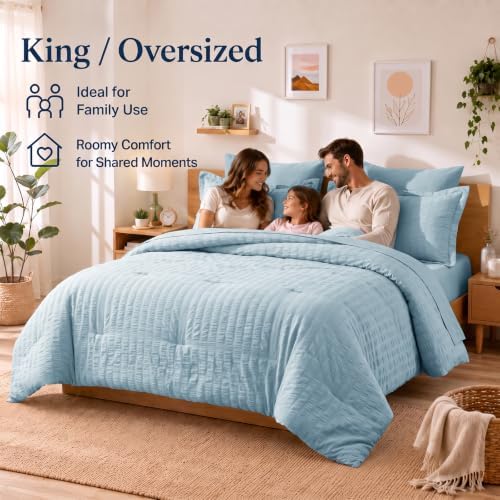 CozyLux King Size Comforter Set 7 Pieces Light Blue Seersucker Bed in a Bag - Image 6