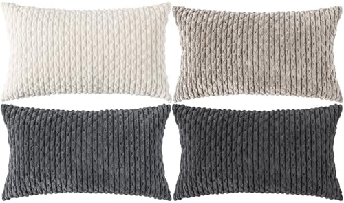 Set of 4 Grey White Taupe Decorative Throw Pillow Covers 12x20 Inch Corduroy by Cozoomy