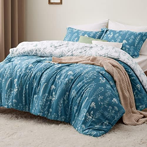 Bedsure Floral Comforter Set Cute Bedding Set King Reversible Teal Blue by BEDSURE