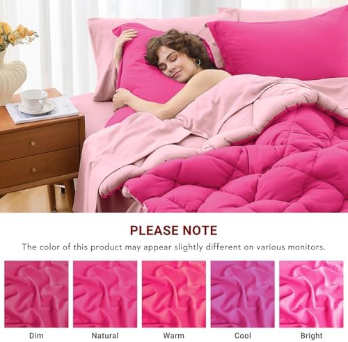 MUXHOMO Super King Comforter Set 7 Pieces, Hot Pink/Baby Pink - Image 4