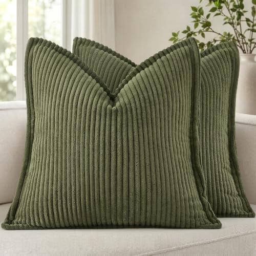 MIULEE Couch Pillow Covers 20x20 Olive Green Textured Corduroy by MIULEE
