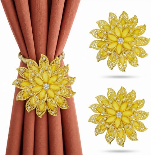 2 Pack Gold Yellow Flower Curtain Tiebacks Window Holdback Buckles by Mikomer