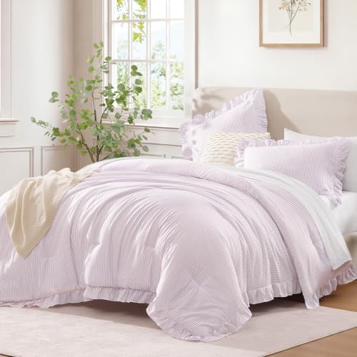 Andency Grey Pink Striped King Ruffle Comforter Set, 3 Pieces by Andency