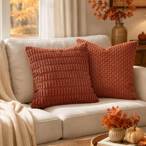 MIULEE Fall Corduroy Decorative Throw Pillow Covers 18x18 Rust Pack of 2 - Image 2