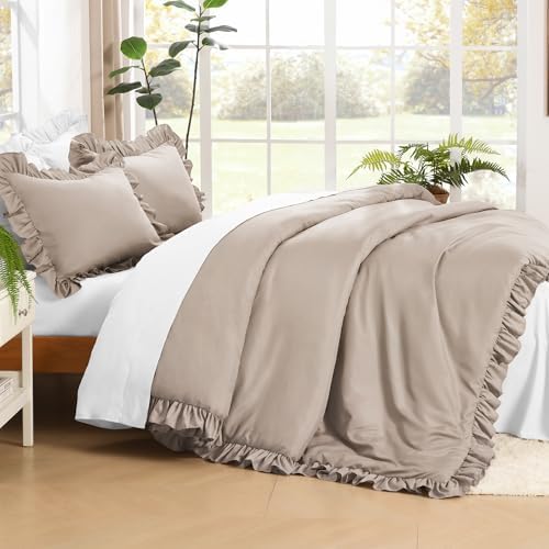 Litanika King Comforter Set, 3 Pieces Light Coffee Ruffle Bedding Set - Image 3