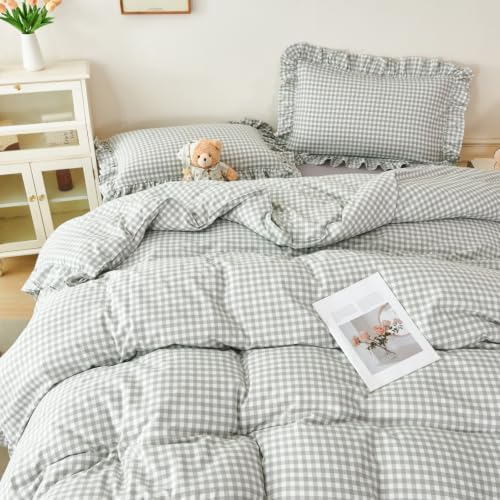 5 Pcs Gray Gingham Comforter Sets Full Size Ruffle Bed in a Bag - Image 2