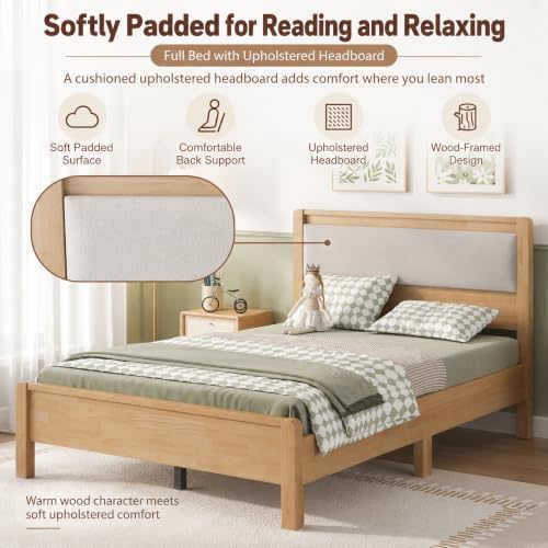 Full Bed Frame with Upholstered Headboard, Wooden Platform Bed - Image 5