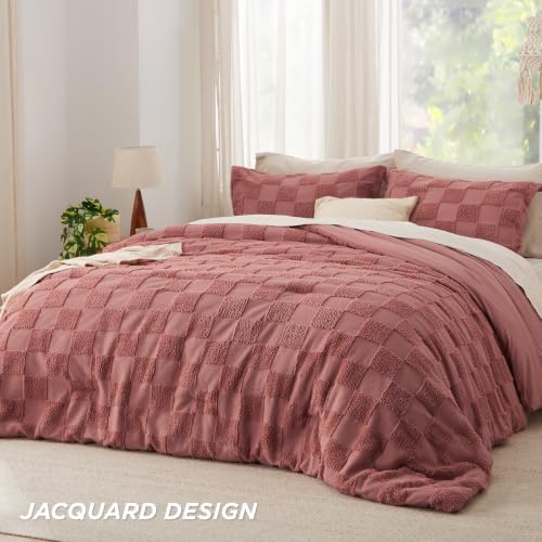 Bedsure Grayish Pink Comforter Queen Set, Boho Soft Plaid Bedding Set 3 Pcs - Image 2