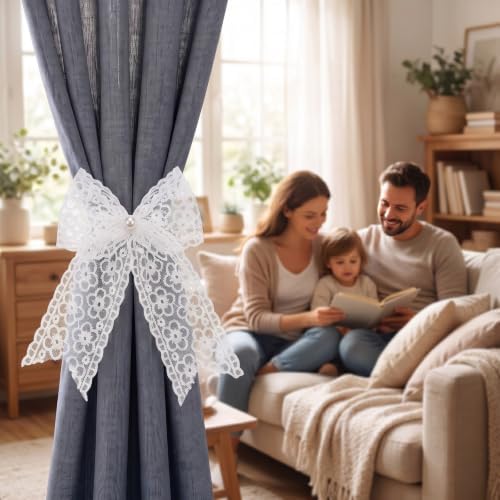 White Lace Bow Curtain Tiebacks 6-Pack, Vine Floral Curtain Holdbacks - Image 3