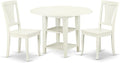 East West Furniture SUAV3-LWH-W 3 Piece Dining Room Table Set Contains a Round Kitchen Table with Dropleaf & Shelves and 2 Dining Chairs, 42x42 Inch, Linen White