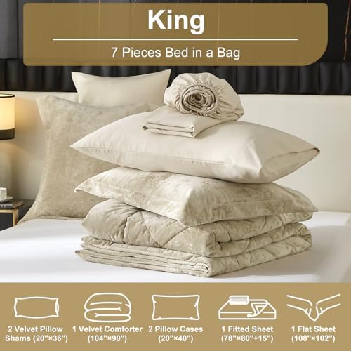 King Comforter Set, 7 Pieces Bed in a Bag Beige Velvet Comforter - Image 7