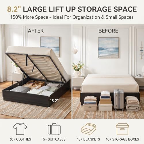 Queen Wood Platform Bed with Lift Up Storage, No Headboard - Image 4
