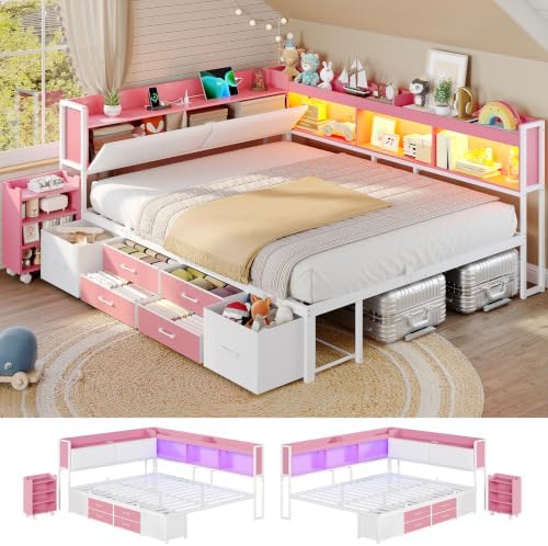 Corner Full Bed Frame with Pull-Out Cabinet/Bookcase/Headboad Storage by MSMASK