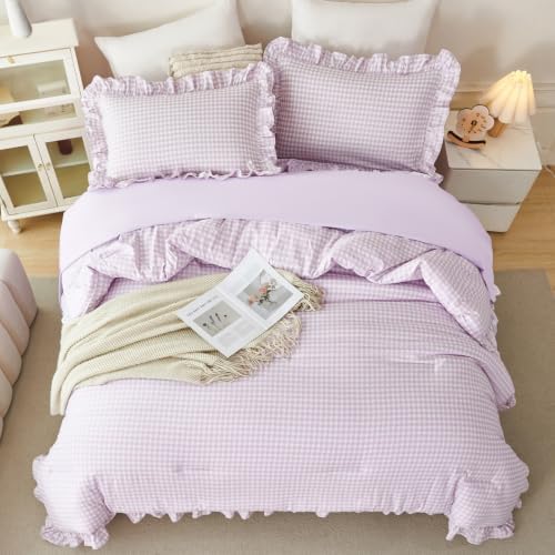 Full Gingham Comforter Set 5 Pieces Purple Ruffled Bedding Sets - Image 3