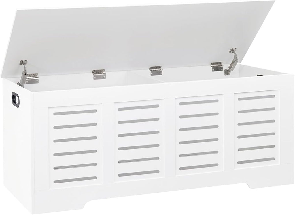 DINZI LVJ Storage Chest, 47.3” Wooden Toy Box with 2 Safety Hinges, Retro Entryway Shoe Storage Bench with Flip-Top, Sturdy Large Storage Trunk for Living Room, Bedroom, Easy Assembly, White