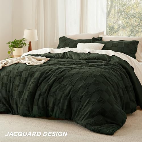 Bedsure Dark Olive Green King Size Comforter Set Boho, Plaid Bedding 3 Pcs - Image 3