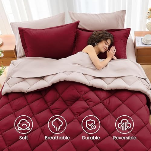 MUXHOMO California King Comforter Set 7 Pieces, Burgundy/Rose Gold - Image 6