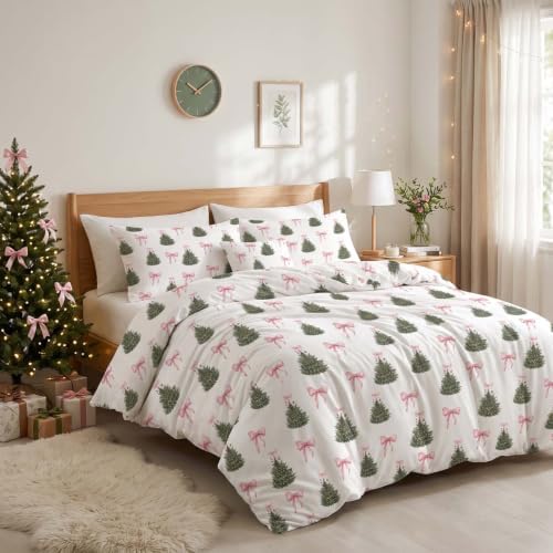 Nayoroom Christmas Comforter Set Queen Pink Bow Tree Holiday Bedding - Image 2
