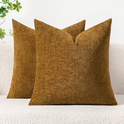 MIULEE Soft Chenille Throw Pillow Covers Mustard 16x16 Inch Pack of 2 by MIULEE