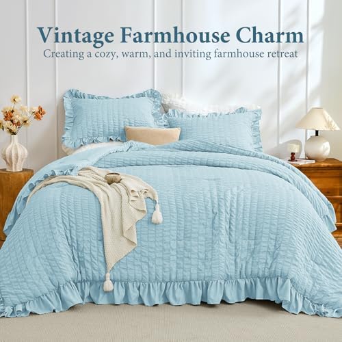 JOLLYVOGUE Light Blue Queen Comforter Set, 3 Pieces Seersucker Comforters Queen - Image 2