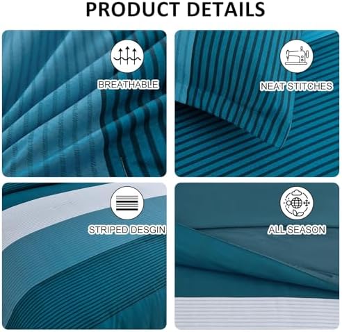 Teal Comforter Set Queen, 7 Piece Blue Striped Bedding Set - Image 5