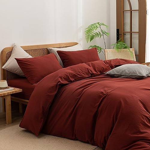 BESTOUCH Cotton Solid Duvet Cover Set Linen Feel Fired Brick Red Queen - Image 2