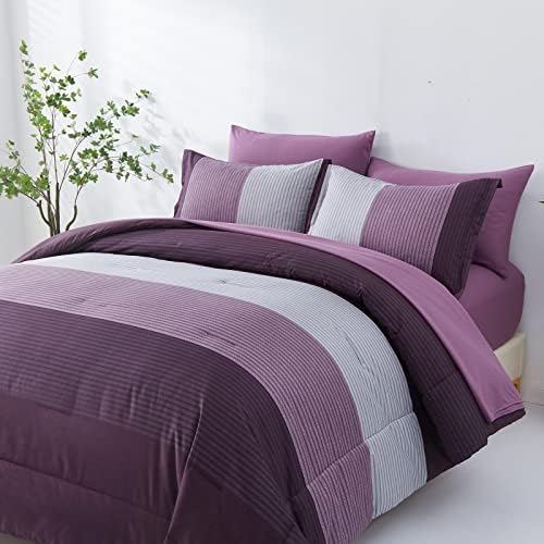 Anibedding Purple King Size Comforter Set, 7 Pieces Striped Bed in a Bag - Image 2