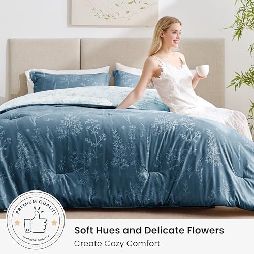 Love's cabin Floral Comforter Set Cute Bedding Queen Reversible Bluish Grey - Image 3