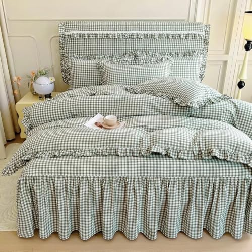 LifeTB Green Gingham Comforter Set Full Size Ruffle Plaid Checkered Pattern - Image 5