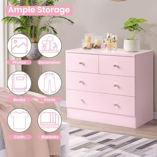Karl home Pink 4 Drawer Dresser, Rose Gold Handle Modern Bedroom Chest - Image 5