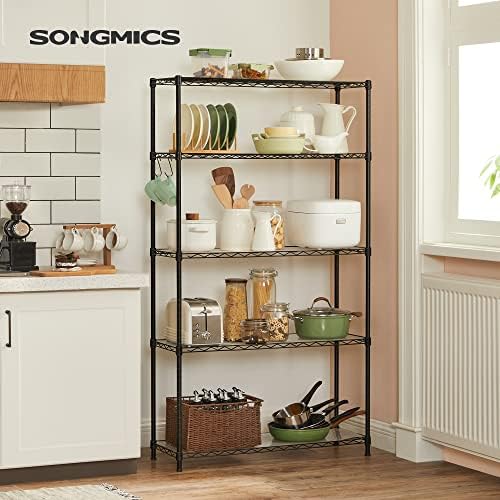 SONGMICS 5-Tier Storage Shelves, Adjustable Wire Shelving Unit, 8 Hooks - Image 2