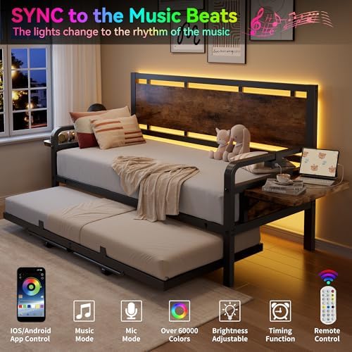Jocoevol Daybed with Trundle and LED Light, Heavy Duty Metal Twin Bed Frame - Image 4